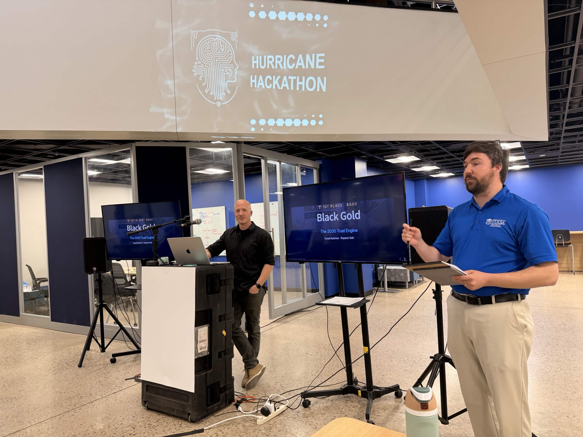 Awards ceremony on stage at Hurricane Hackathon