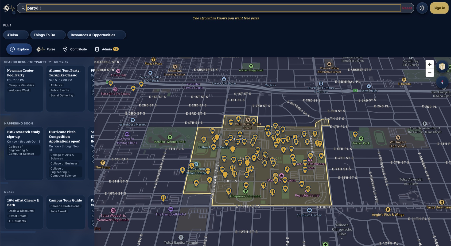 Screenshot of the Hurricane Heartbeat app in dark mode: a search for 'party!!!' lights up event pins across the TU campus map