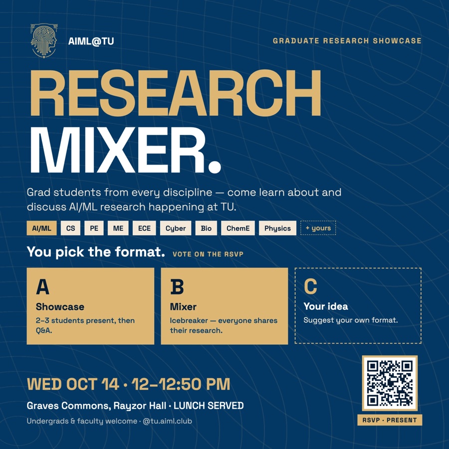 Research Mixer, AIML@TU Graduate Research Showcase, Wed Oct 14, 12–12:50 PM, Graves Commons, Rayzor Hall, lunch served