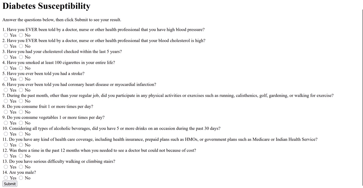 Diabetes Risk Quiz — quiz form screenshot.