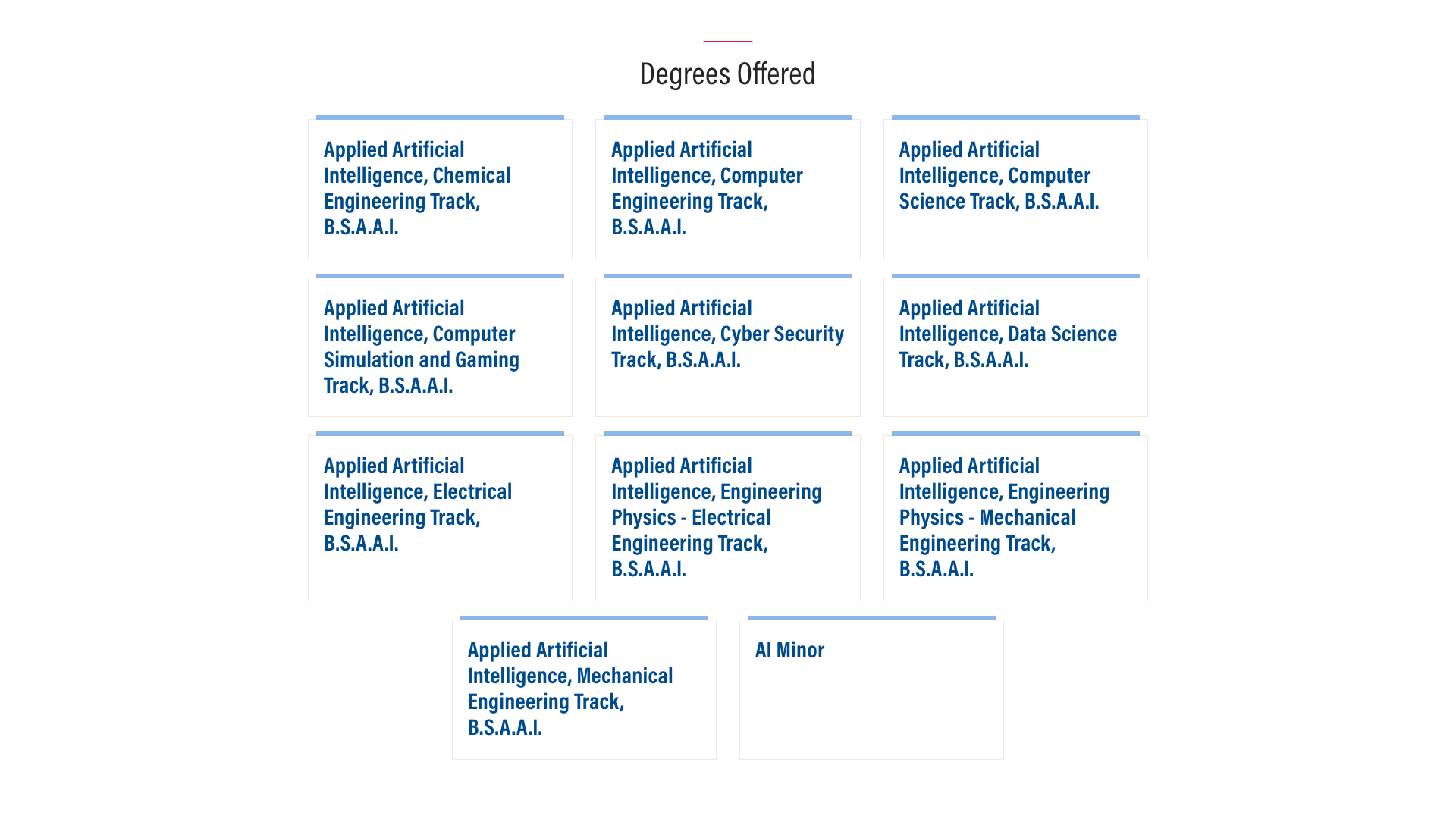 Degrees Offered at The University of Tulsa: ten Applied Artificial Intelligence B.S.A.A.I. tracks (Chemical Engineering, Computer Engineering, Computer Science, Computer Simulation and Gaming, Cyber Security, Data Science, Electrical Engineering, Engineering Physics – Electrical Engineering, Engineering Physics – Mechanical Engineering, Mechanical Engineering) and the AI Minor