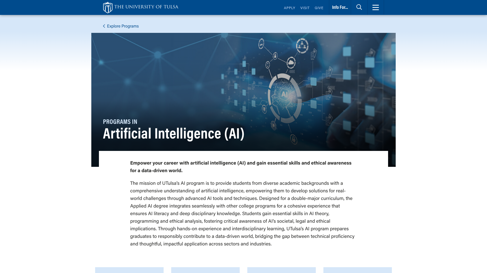 Screenshot of utulsa.edu/programs/ai — Programs in Artificial Intelligence (AI) at The University of Tulsa