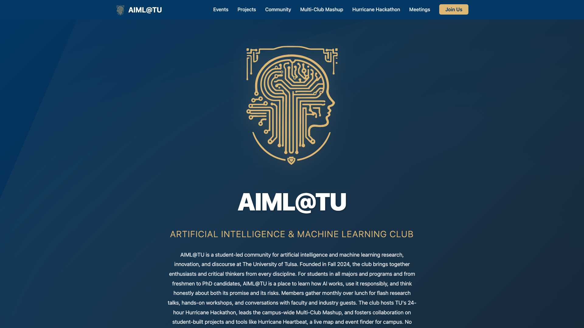 Screenshot of the AIML@TU club website home page