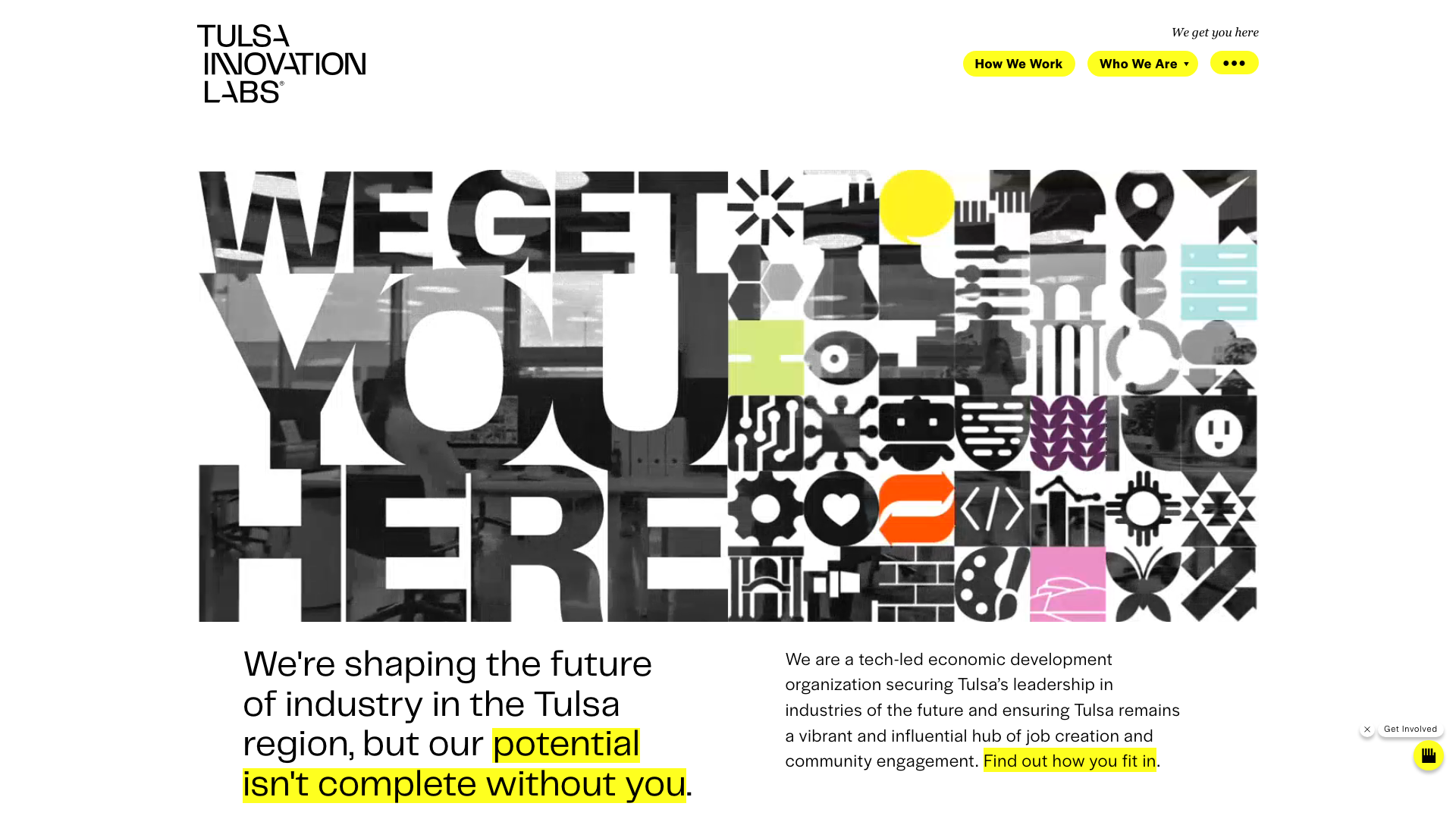 Screenshot of tulsainnovationlabs.com — We get you here