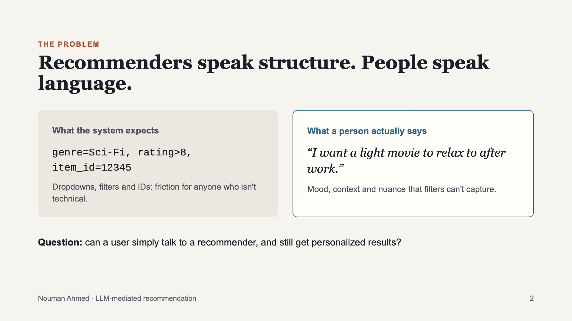 Nouman Ahmed, slide 2. The problem: recommenders speak structure, people speak language