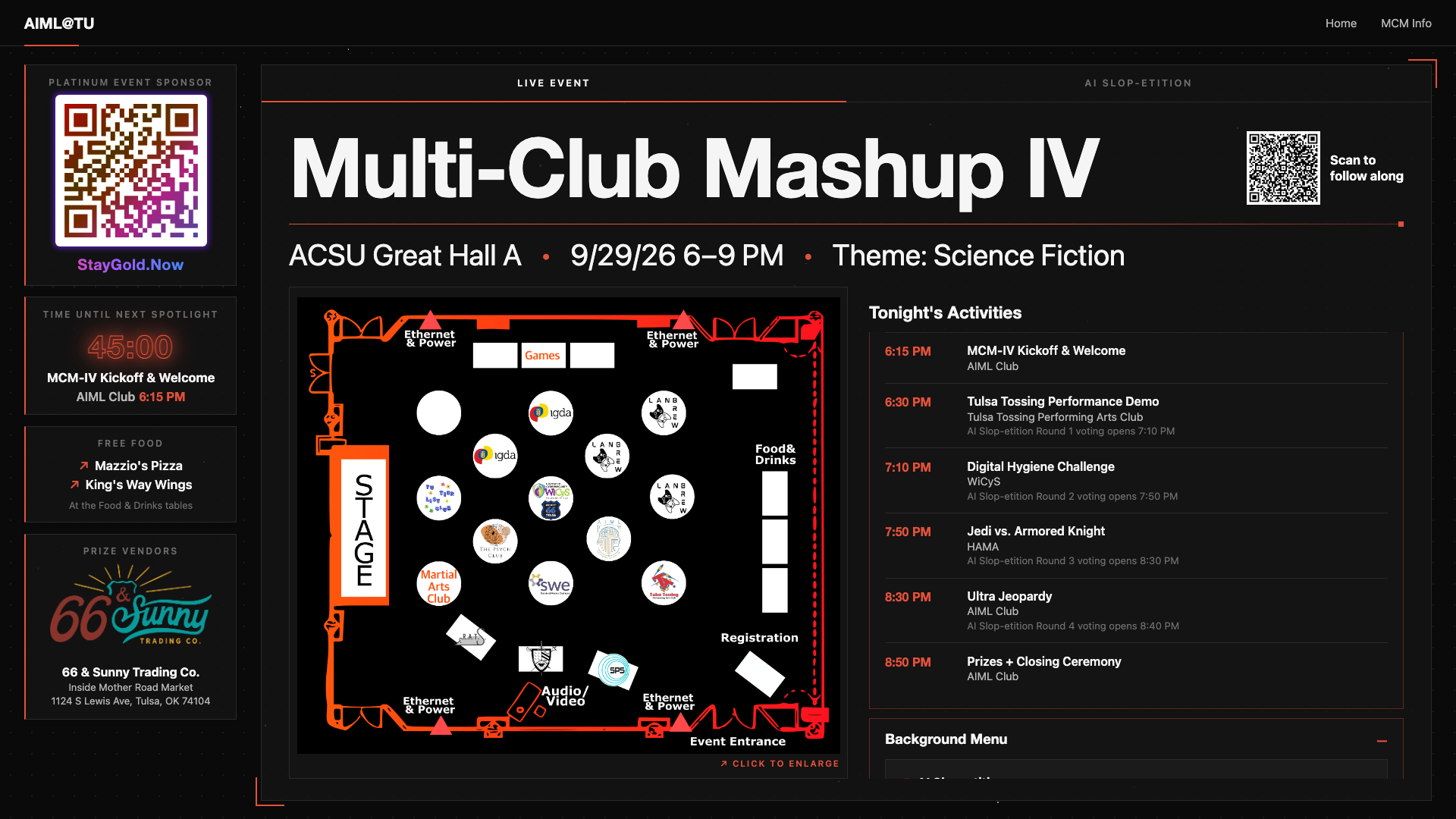 The MCM IV live event page before doors: floor map with club logos, schedule, countdown, sponsor and vendor sidebar