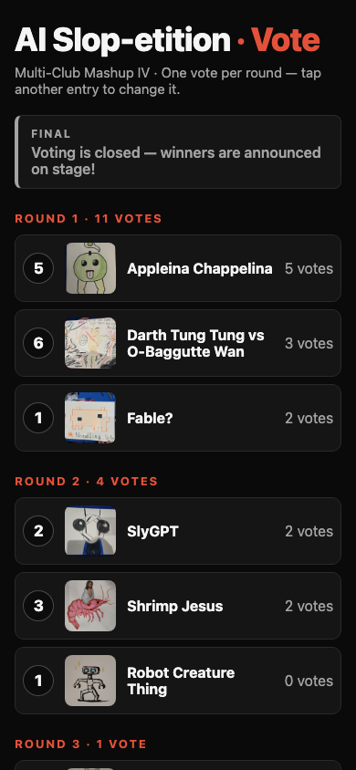 Slop-etition vote page on a phone showing entries and vote counts