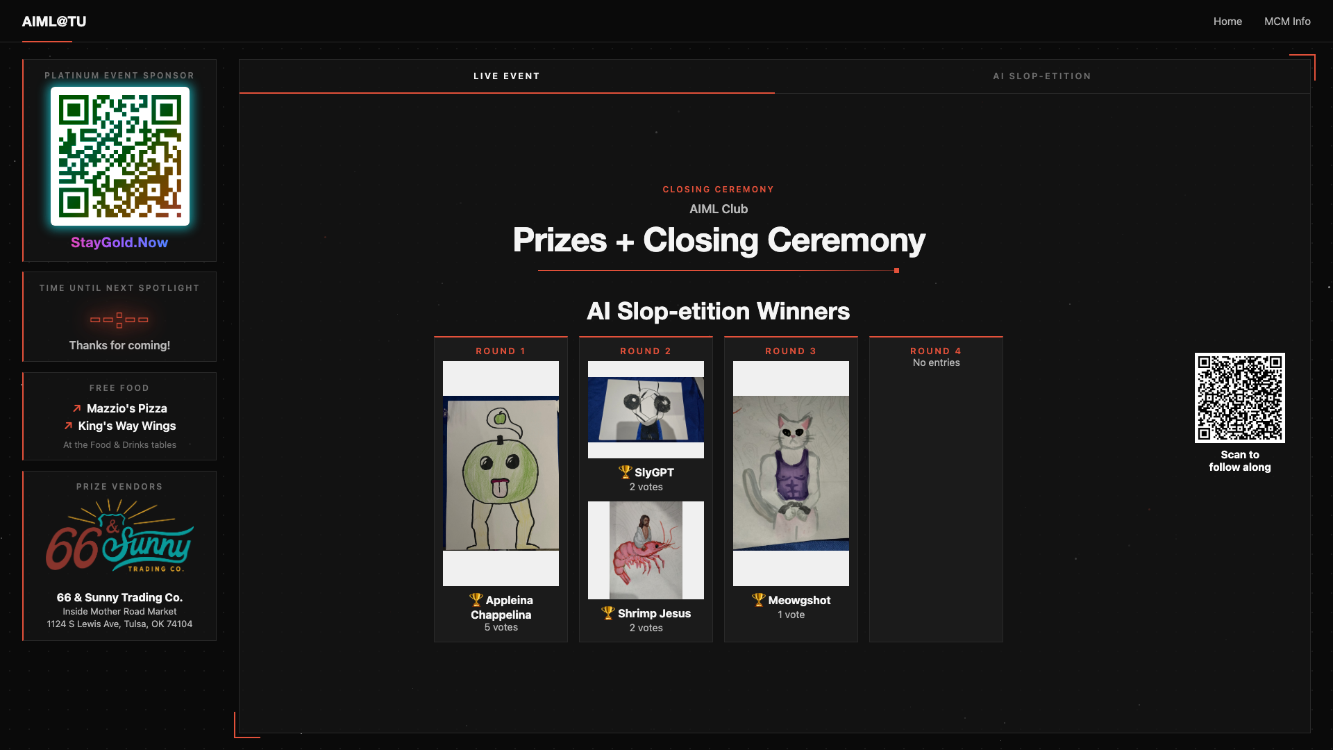 Closing ceremony card showing the AI Slop-etition winners from each round