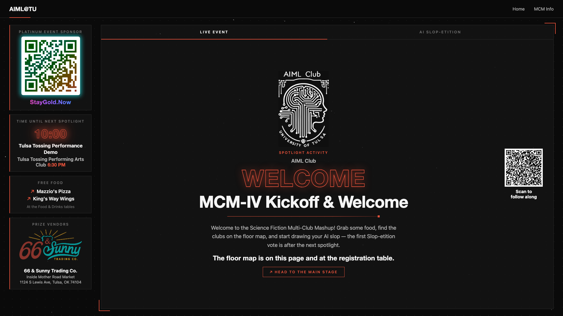 The Kickoff spotlight card with the QR rail beside it
